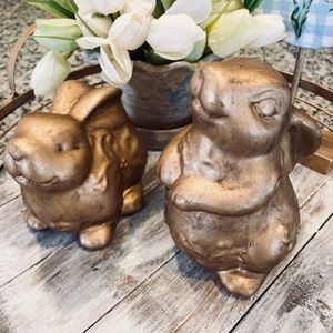 Antique Gold Pair of Colored Ceramic Bunnies, Gold color bunnies, Easter Bunnies